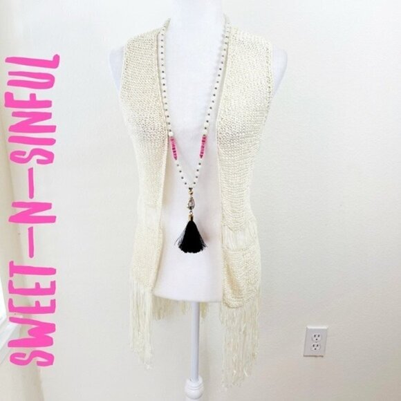 Sweet-N-Sinful Cream Fringe Hippie Open Knit Vest - Picture 1 of 8